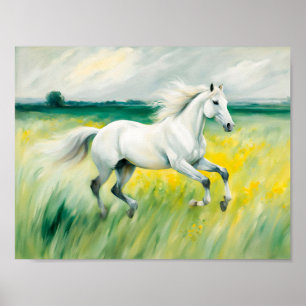 White Horse Running Across Meadow Poster