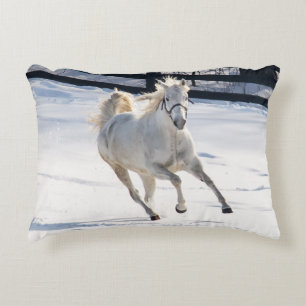 White Horse Running In Snow Decorative Cushion