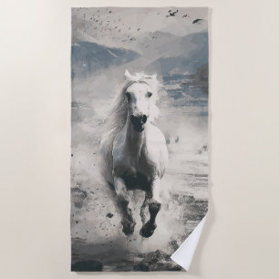 White Horse Running Through Water Beach Towel