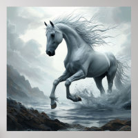 White Horse Running Through Water