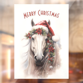 White Horse Santa Hat Red Poinsettias Christmas