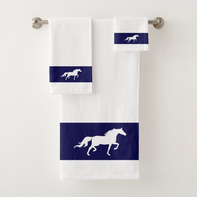 White Horse Silhouette on Navy Blue & White Bath Towel Set (Insitu)