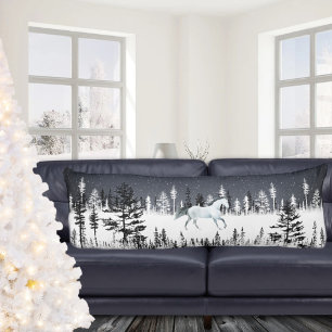 White Horse Snowy Night Eastern Pine Tree Forest Body Cushion