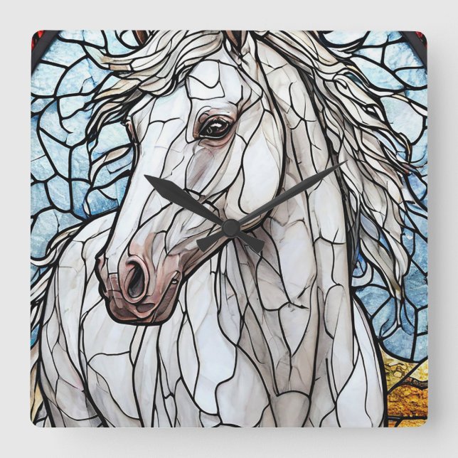 White Horse stained glass Square Wall Clock (Front)