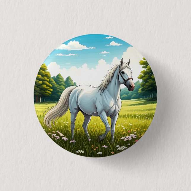 White horse standing in a field of grass 3 cm round badge (Front)