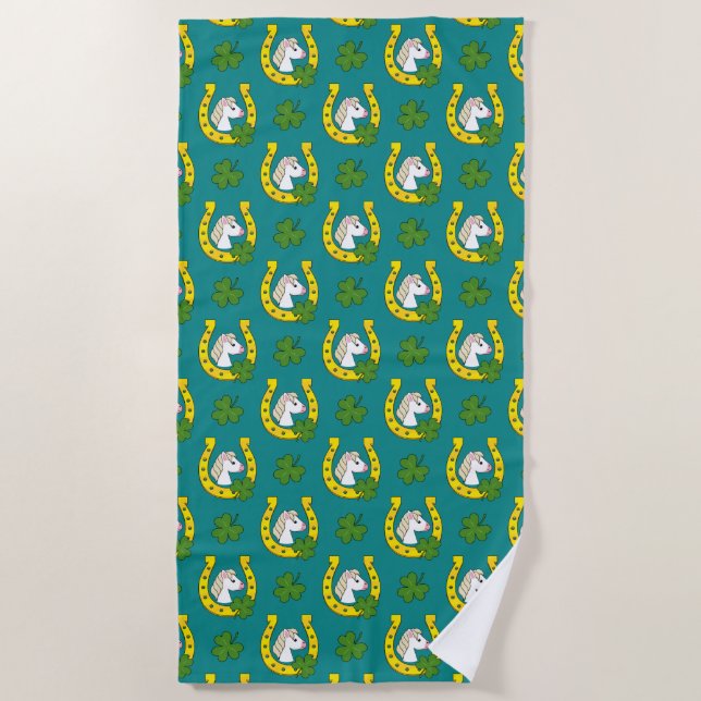 White Horse w Golden Horse Shoe, Shamrock Pattern Beach Towel (Front)