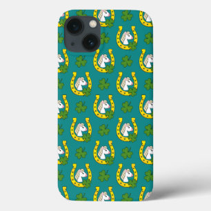 White Horse w Golden Horse Shoe, Shamrock Pattern iPhone 13 Case