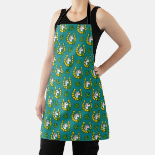 White Horse w Golden Horse Shoe, Shamrocks Pattern Apron