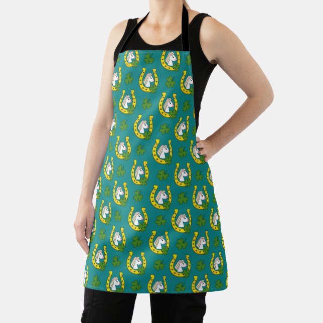 White Horse w Golden Horse Shoe, Shamrocks Pattern Apron (Insitu)