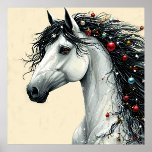 White horse with a christmas tree poster