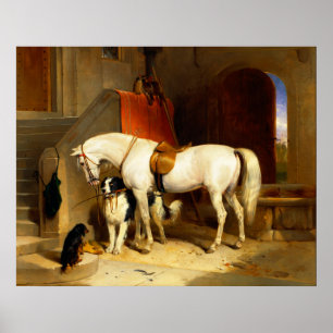 WHITE HORSE WITH DOGS AND FALCONS IN STABLE  POSTER
