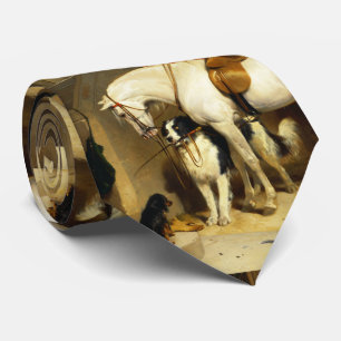 WHITE HORSE WITH DOGS AND FALCONS IN STABLE  TIE