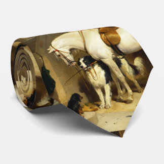 WHITE HORSE WITH DOGS AND FALCONS IN STABLE TIE