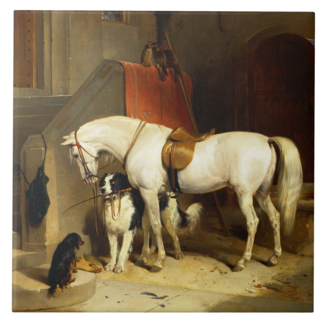 WHITE HORSE WITH DOGS AND FALCONS IN STABLE TILE (Front)