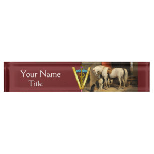 White Horse With Dogs / CADUCEUS VETERINARY SYMBOL Nameplate