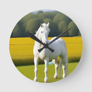 White Horse With Floral Garland Round Clock