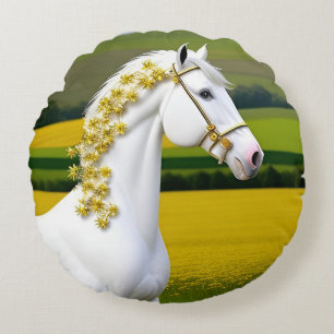 White Horse With Floral Garland Round Cushion