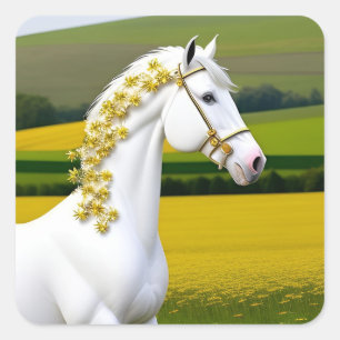 White Horse With Floral Garland Square Sticker