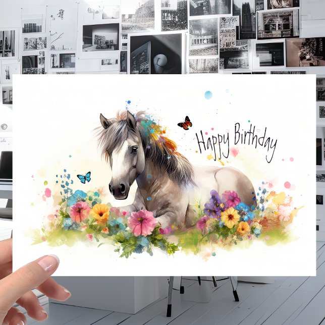 White Horse with Flowers and Butterflies Birthday Card (Creator Uploaded)
