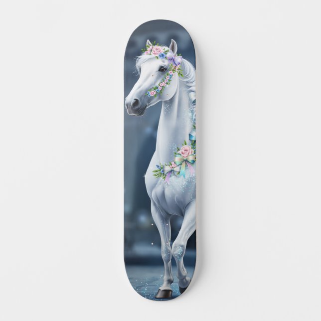White Horse with Flowers Skateboard (Front)