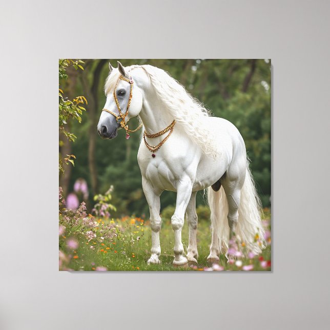 White Horse with Flowing Mane Canvas Print (Front)