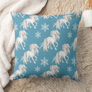White Horses and Snowflakes Winter Pattern on Blue Cushion