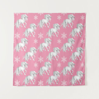 White Horses and Snowflakes Winter Pattern on Pink Tapestry