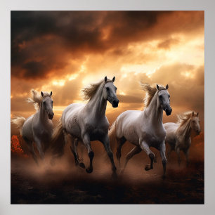 white horses at sunset poster