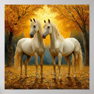 🍂 White Horses Autumn Forest Landscape Romantic Poster
