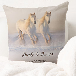 White Horses in Snow Winter Wedding Pillow