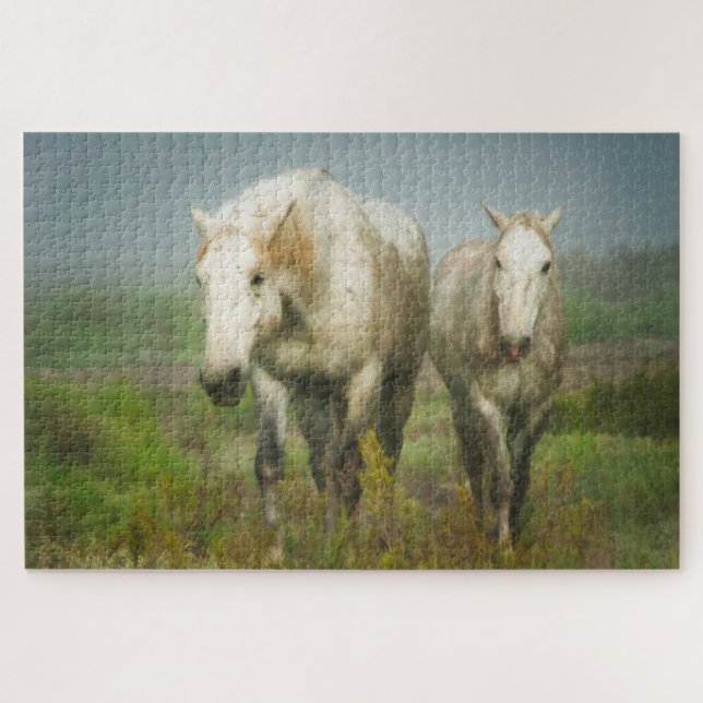White Horses of Camargue in Field Jigsaw Puzzle (Horizontal)