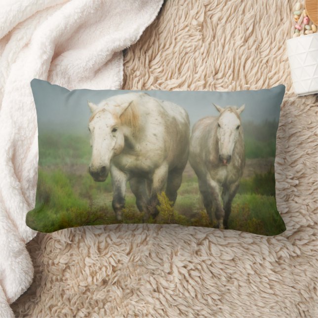 White Horses of Camargue in Field Lumbar Cushion (Blanket)