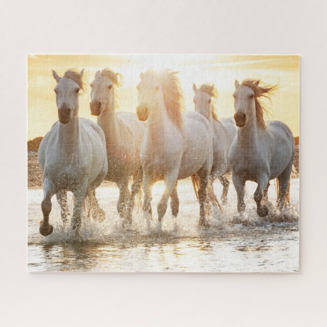 White Horses On Beach at Sunset Jigsaw Puzzle (Horizontal)