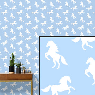 White Horses on Soft Pale Blue Wallpaper