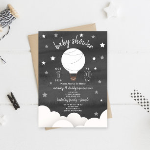 White Hot Air Balloon + Stars Black + White Shower Invitation