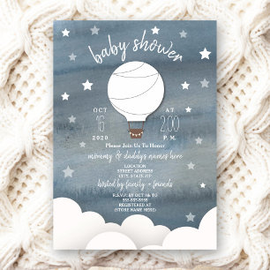 White Hot Air Balloon + Stars Neutral Baby Shower Invitation
