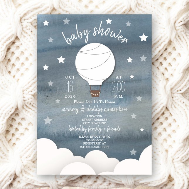 White Hot Air Balloon + Stars Neutral Baby Shower Invitation (Creator Uploaded)