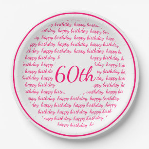 White Hot Pink 60th Happy Birthday Typography Paper Plate