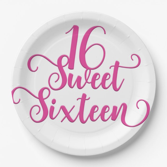 White & Hot Pink Sweet 16 Birthday Party  Paper Plate (Front)