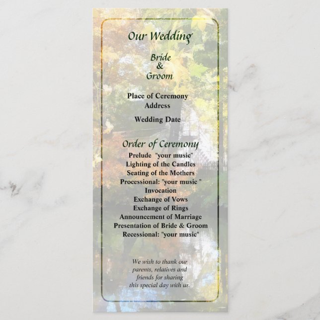 White House by Lake in Autumn Wedding Program Programme (Front)