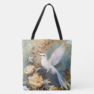 White Hummingbird and Flowers Tote Bag