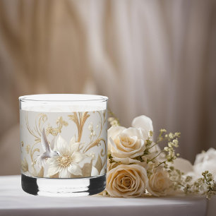 White Hummingbird Fancy Floral Whiskey Glass