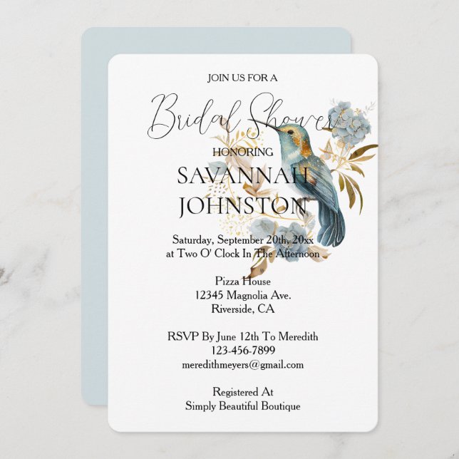  White Hummingbird Hydrangea Bridal Shower  Invitation (Front/Back)
