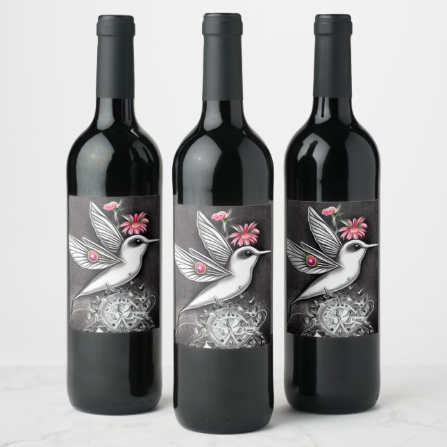 White Hummingbird & Pink Flowers Wine Label (Bottles)