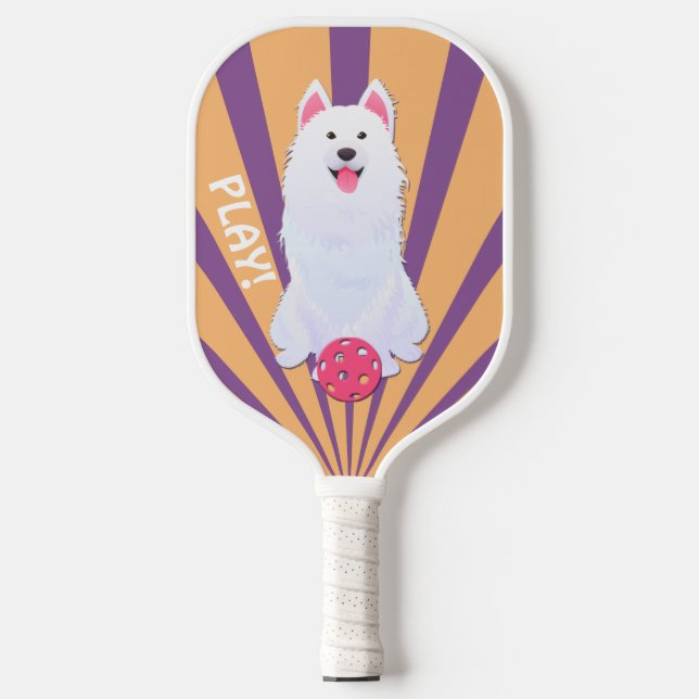 White Husky Dog Ball Illustration Pickleball Paddle (Front)