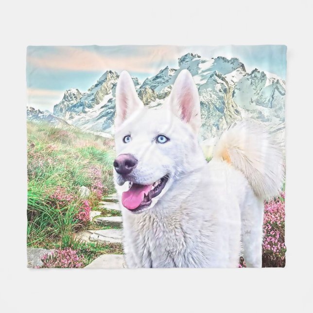 White husky dog fleece blanket (Front (Horizontal))
