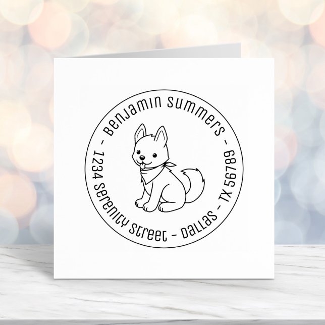 White Husky Puppy Dog Round Address Self-inking Stamp (Creator Uploaded)