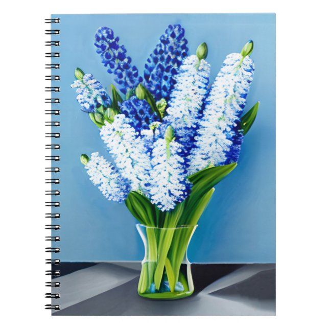 White Hyacinths in a Glass Vase on Blue Notebook (Front)