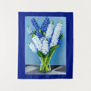 White Hyacinths in a Glass Vase on Blue Tapestry