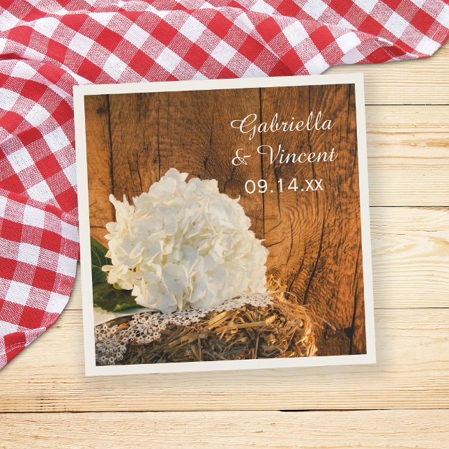 White Hydrangea and Barn Wood Country Wedding Napkin (Creator Uploaded)